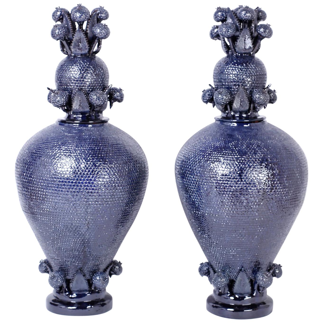 Giant Pair of Blue Glazed Terracotta or Pottery Lidded Urns