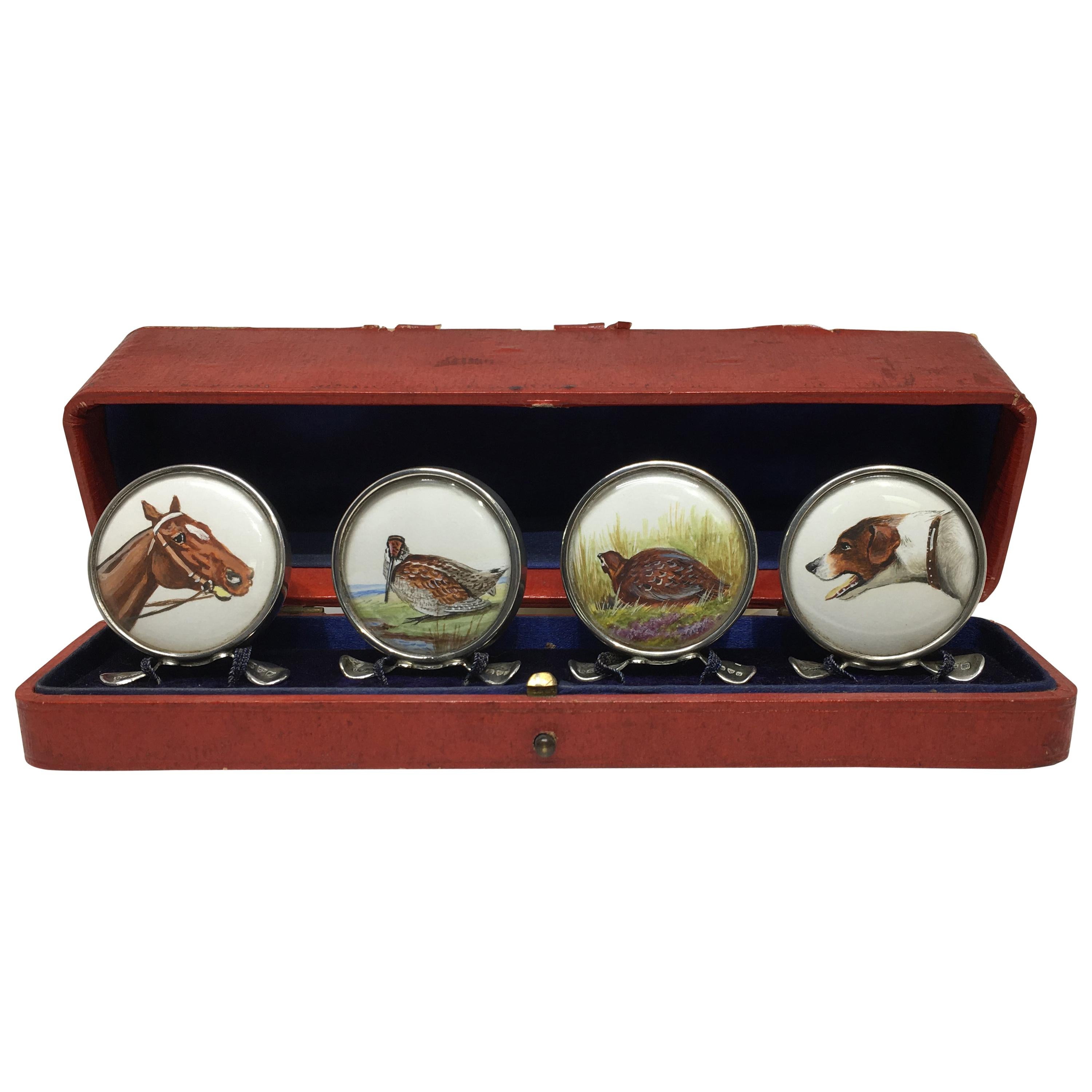 Sterling Silver Set of 4 Hand Painted Enamel Hunting Themes Place Card Holders For Sale