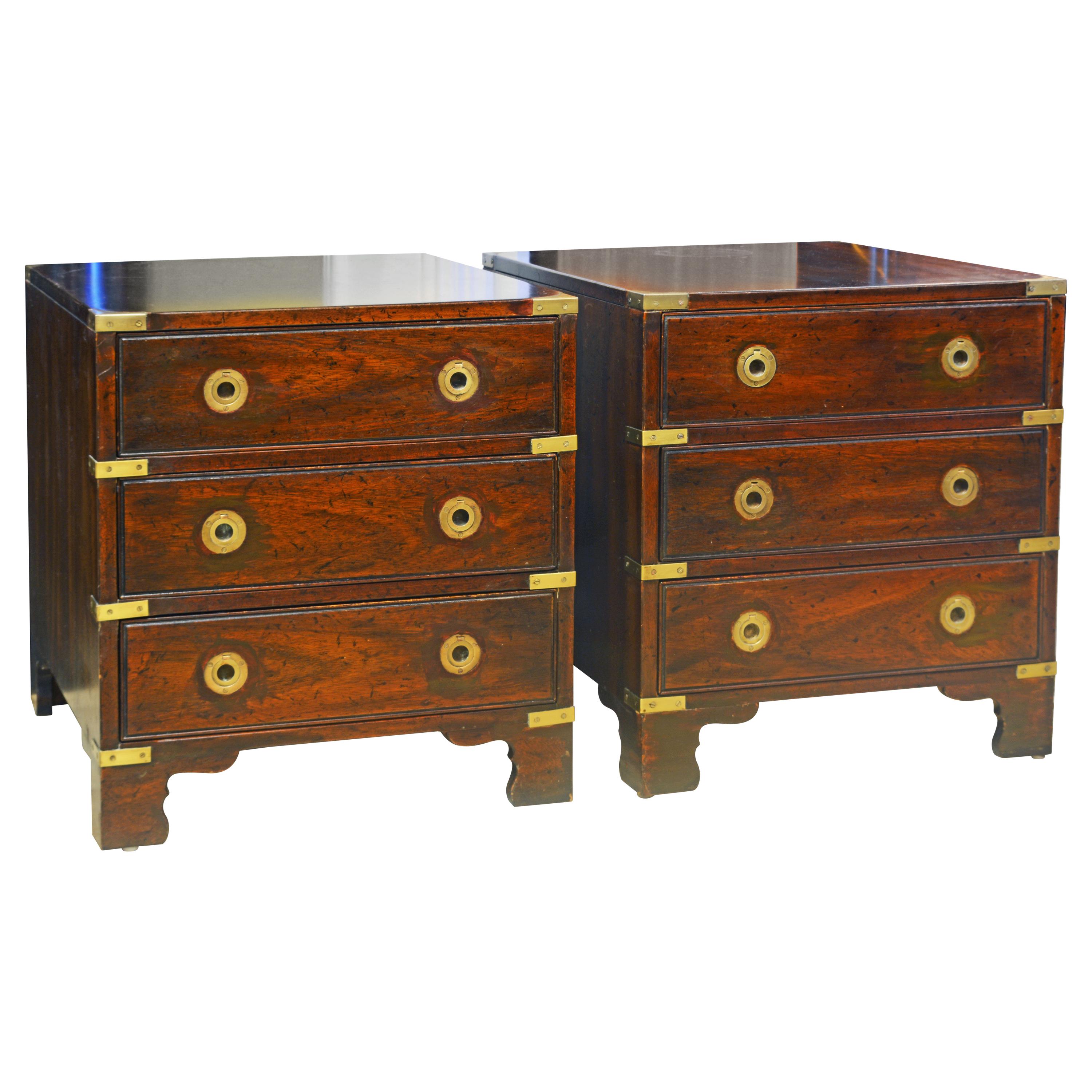 Pair of Midcentury Mahogany Campaign Style Three Drawer Chests w. Brass Accents