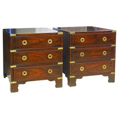 Pair of Midcentury Mahogany Campaign Style Three Drawer Chests w. Brass Accents