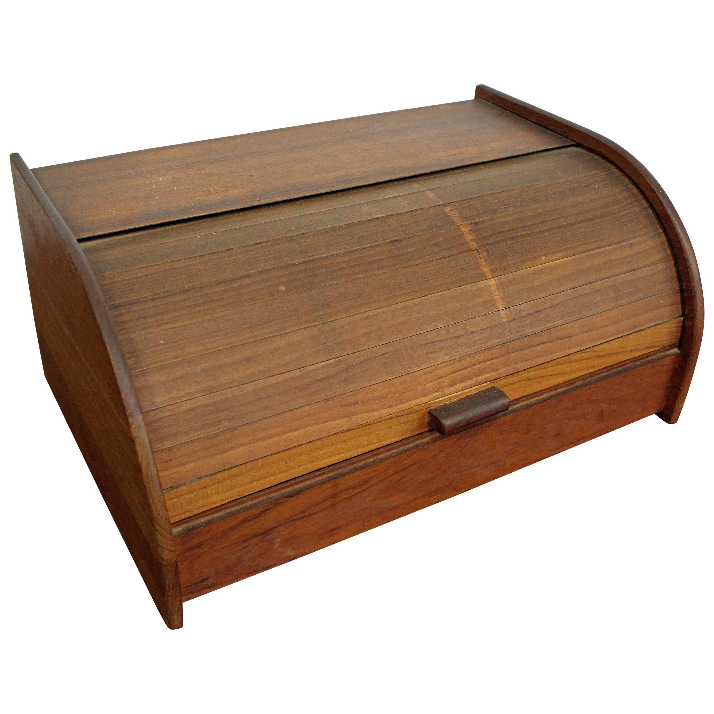 Mid-Century Modern Teak Tambour Roll-Top Storage Box
