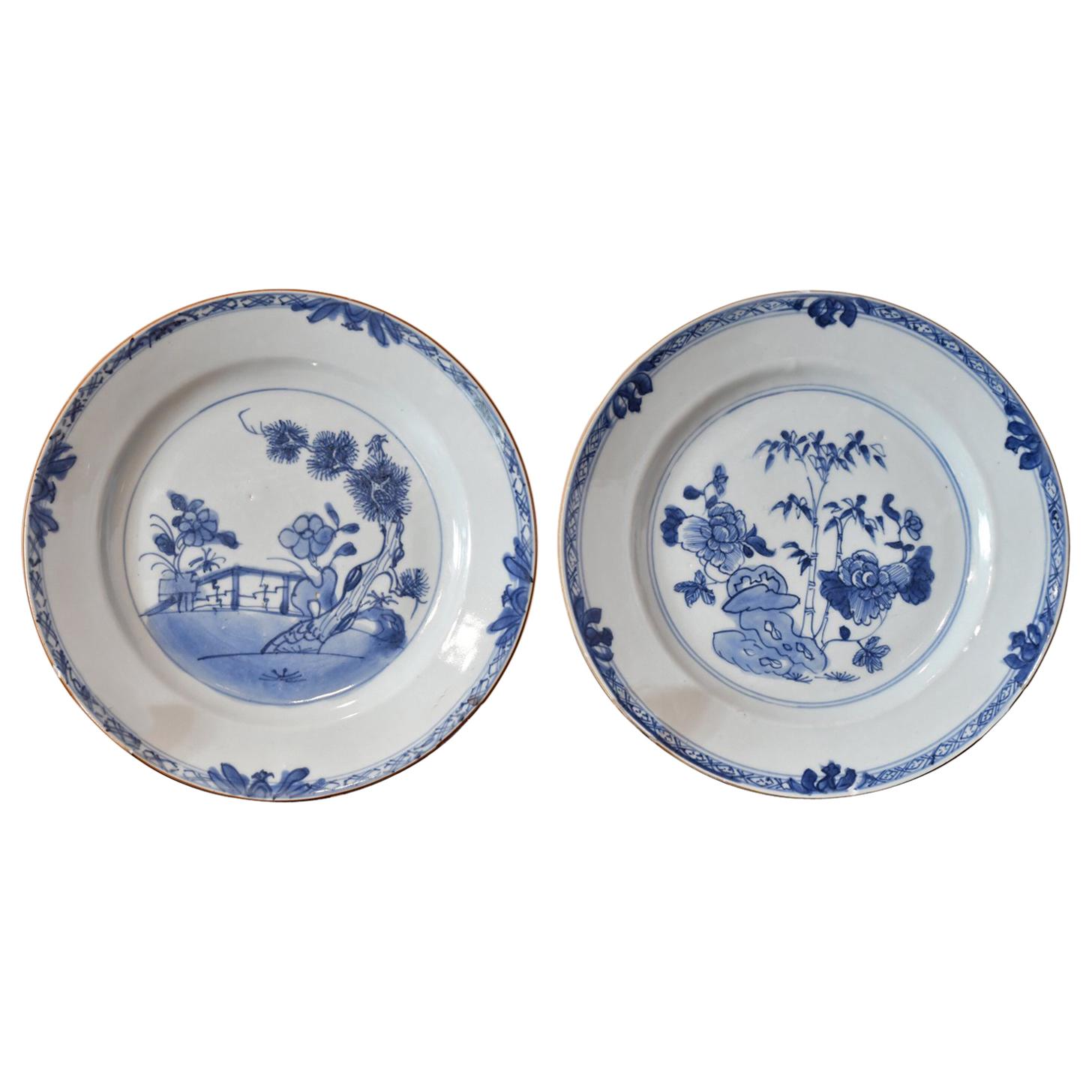 Pair of 18th Century Chinese Porcelain Blue & White Plates, Qing Qianlong
