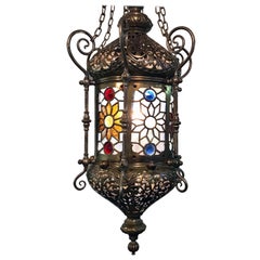 Antique 19th Century "Orientalist" Gasolier Lantern with Stained Glass Panels