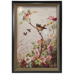 Charming Victorian Hand Painted Porcelain Tile of a Bird and Two Bees