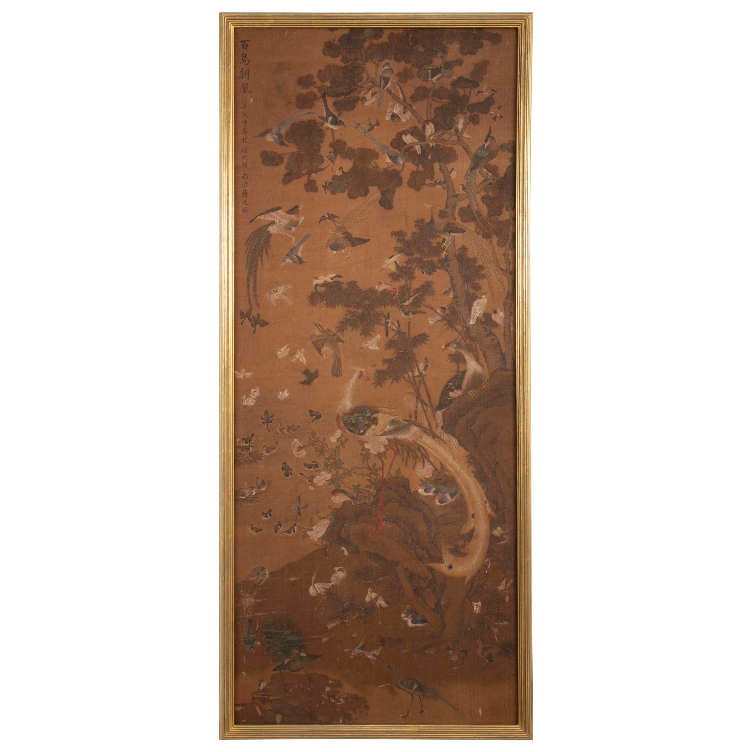 19th Century Framed Chinese Scroll Depicting the Scene of a Hundred Birds