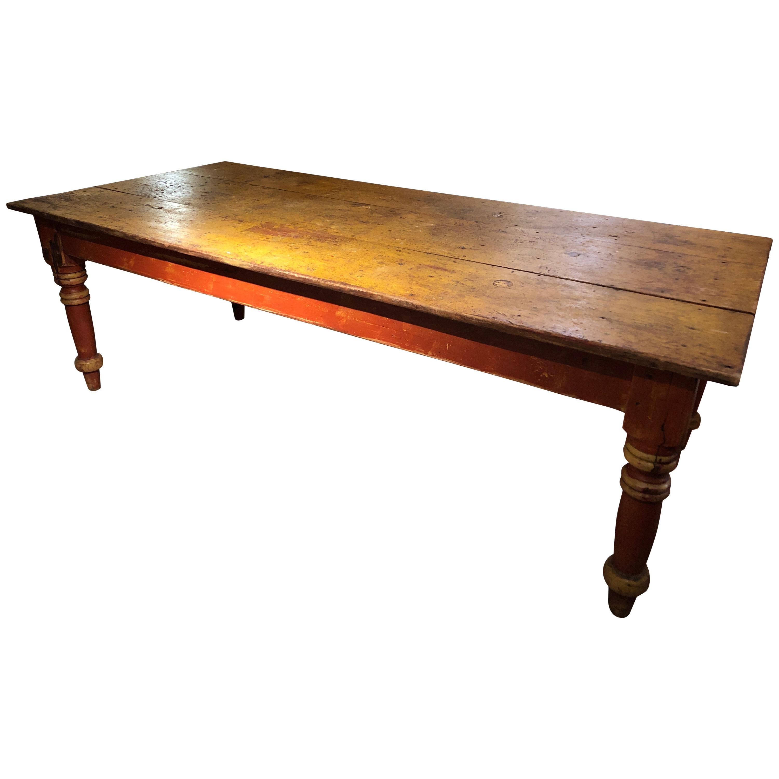 Wizened Very Large Antique Maine Farmhouse Dining Table with Original Paint