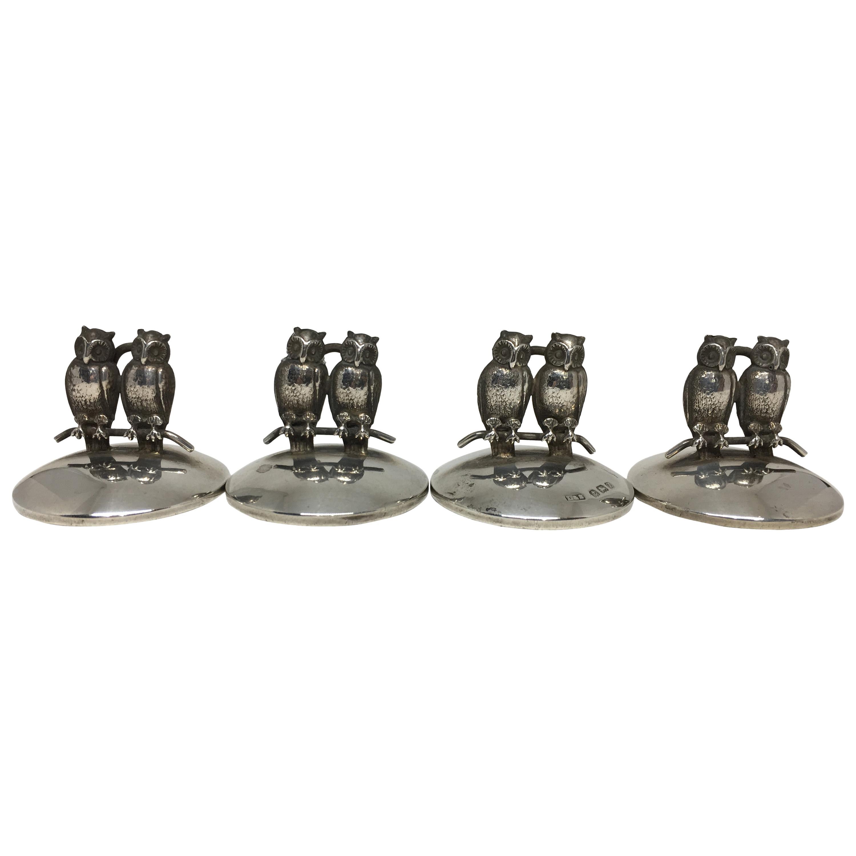 Art Deco Set of 4 Place Card / Menu Holders with Twin Owls on Branches For Sale