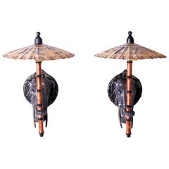 Pair of Elephant Head Wall Sconces with Umbrellas