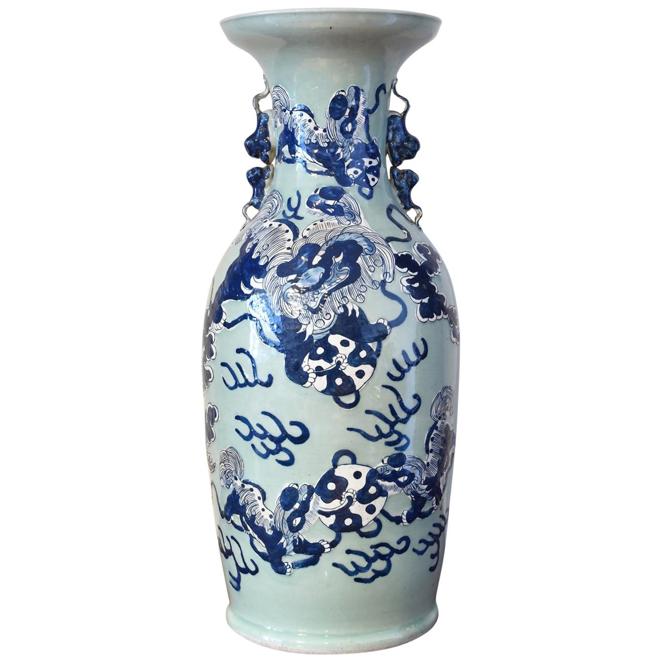 Large Chinese Qing Porcelain Blue & White Vase w/ Foo Dogs Playing w taichi ball