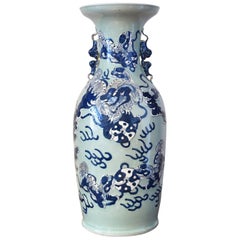 Large Chinese Qing Porcelain Blue & White Vase w/ Foo Dogs Playing w taichi ball