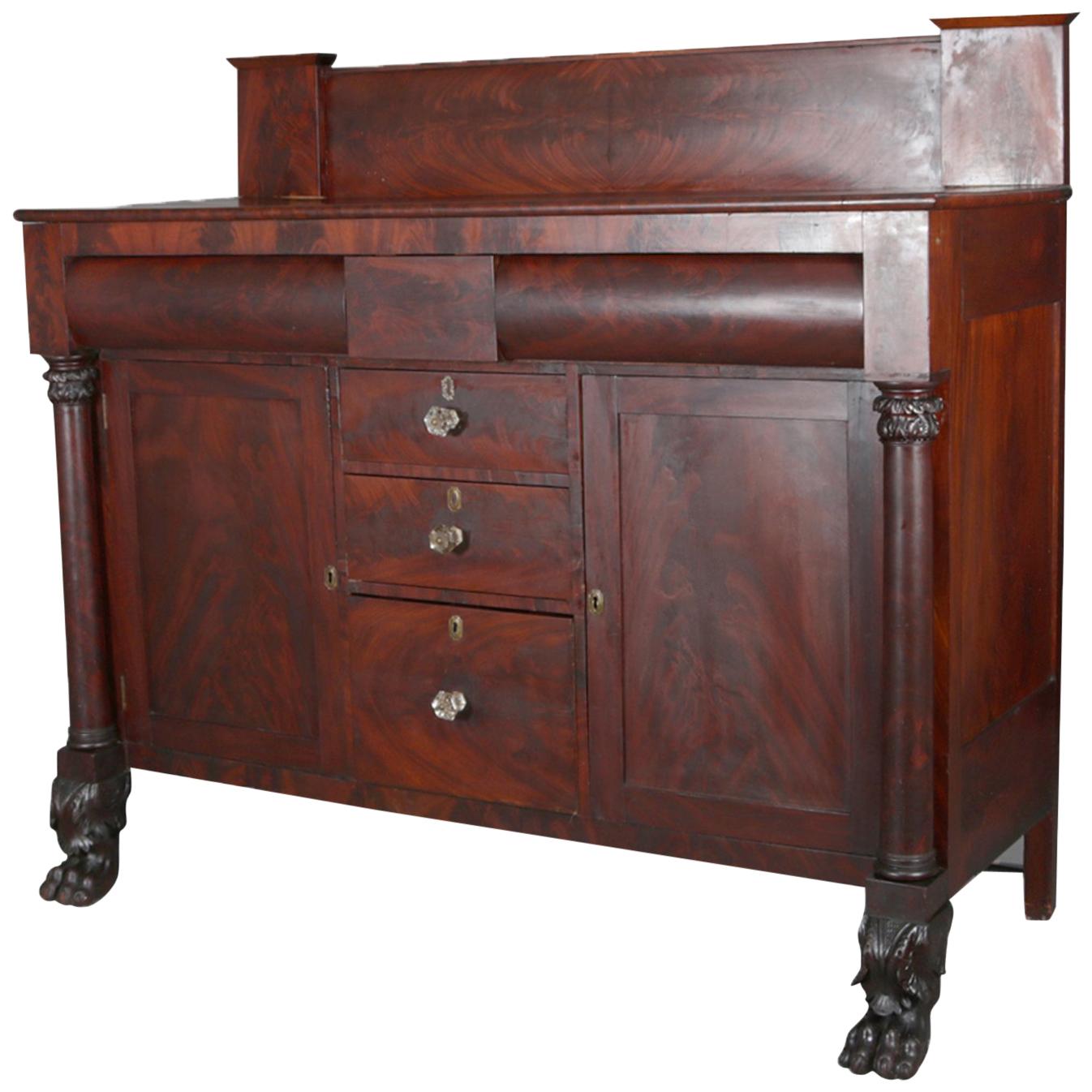 Antique Classical American Empire Carved Flame Mahogany Sideboard, circa 1830