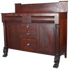 Antique Classical American Empire Carved Flame Mahogany Sideboard, circa 1830