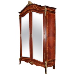 Antique French Louis XIV Style Inlaid Mahogany and Ormolu Mirrored Armoire