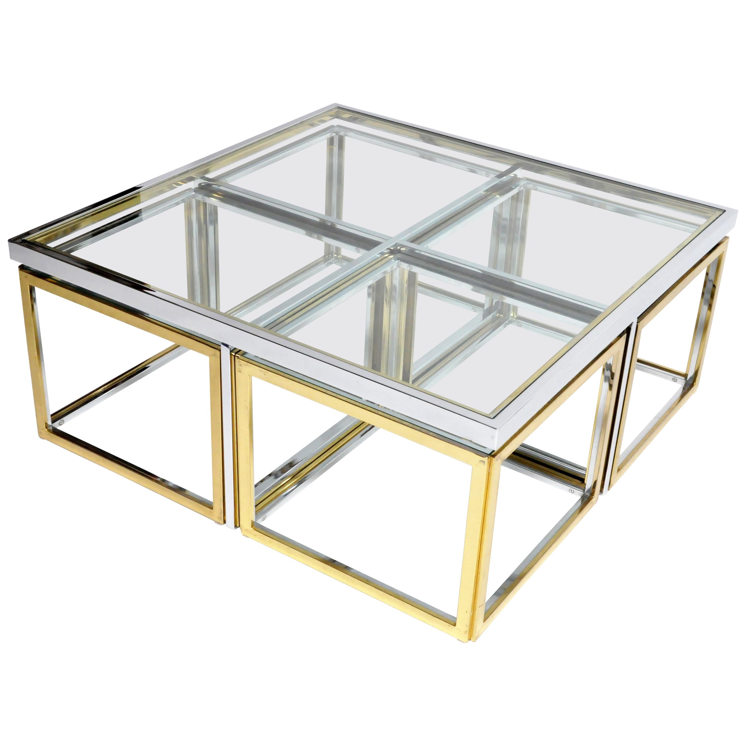 Brass, Chrome, and Glass Coffee Table Ensemble
