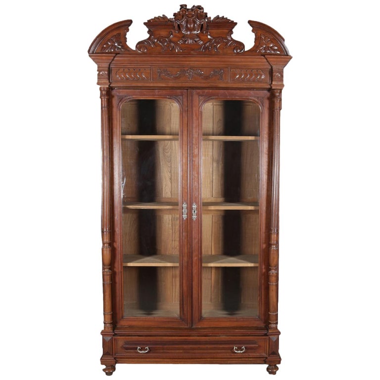 Antique French Carved Walnut and Beveled Glass Enclosed Bookcase, 20th