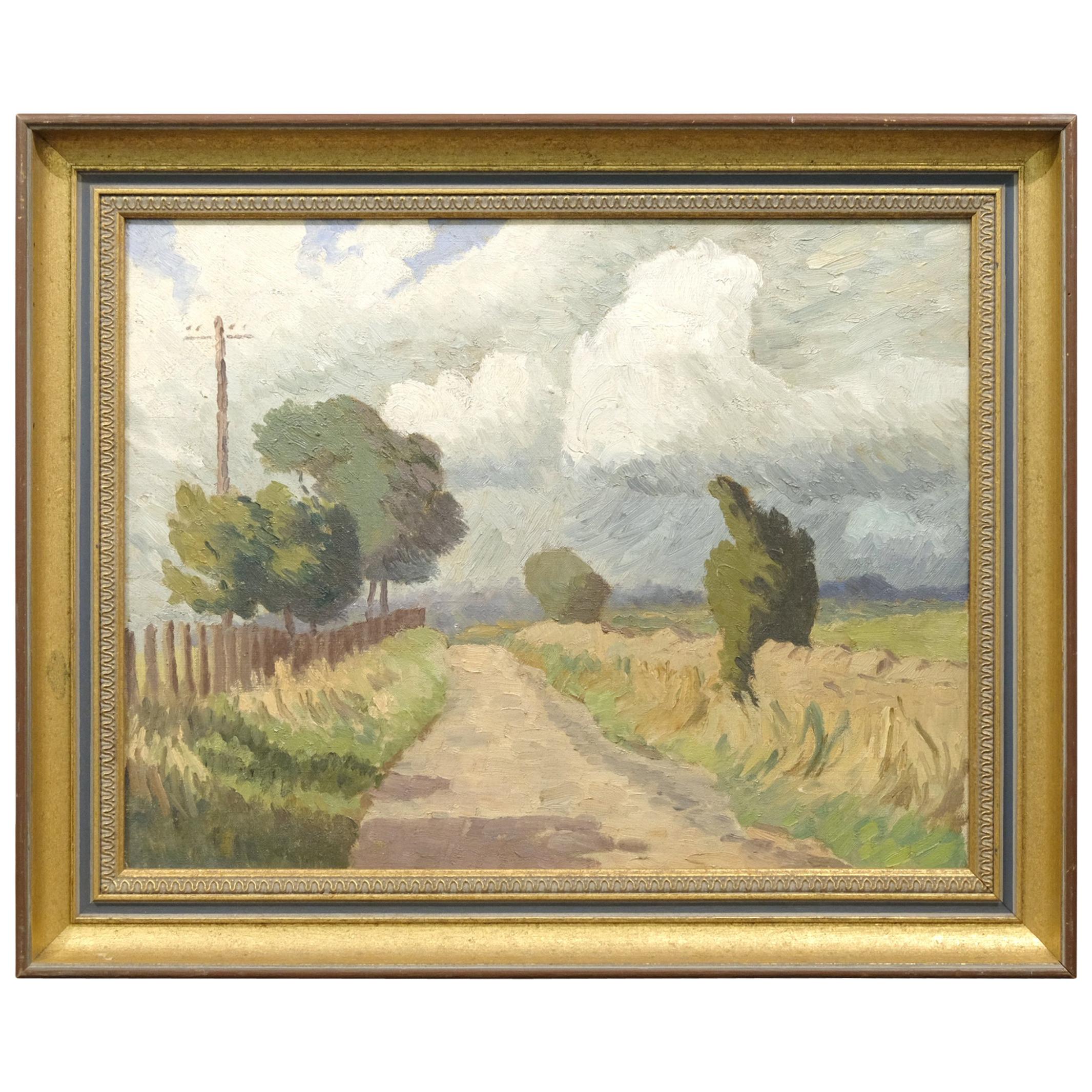 20th Century Oil on Board of an English Country Lane, Framed, Impressionist