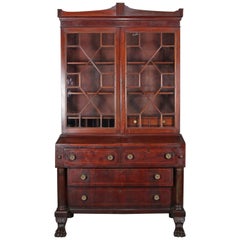 Antique American Empire Flame Mahogany Bookcase Drop Front Secretary, circa 1840