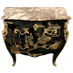 Antique Louis XV Style Ebonized & Bronze-Mounted Chinoiserie Marble-Top Commode