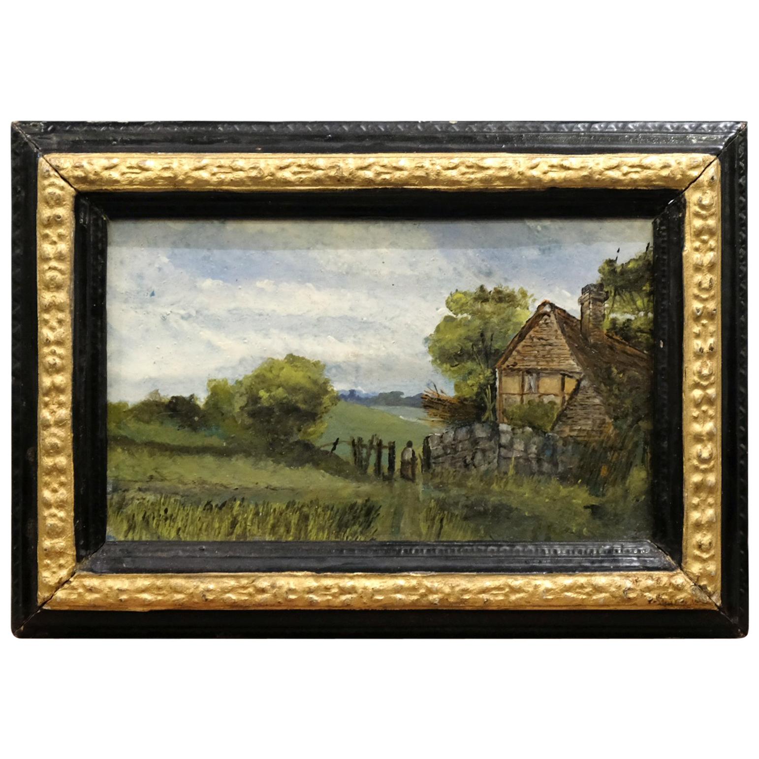 Country Scene 19th Century Small Oil Painting on Board in Period Ebonized Frame