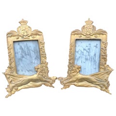 Stunning Pair of Bronze Table Picture Frames with Lion Sculptures & Royal Crowns