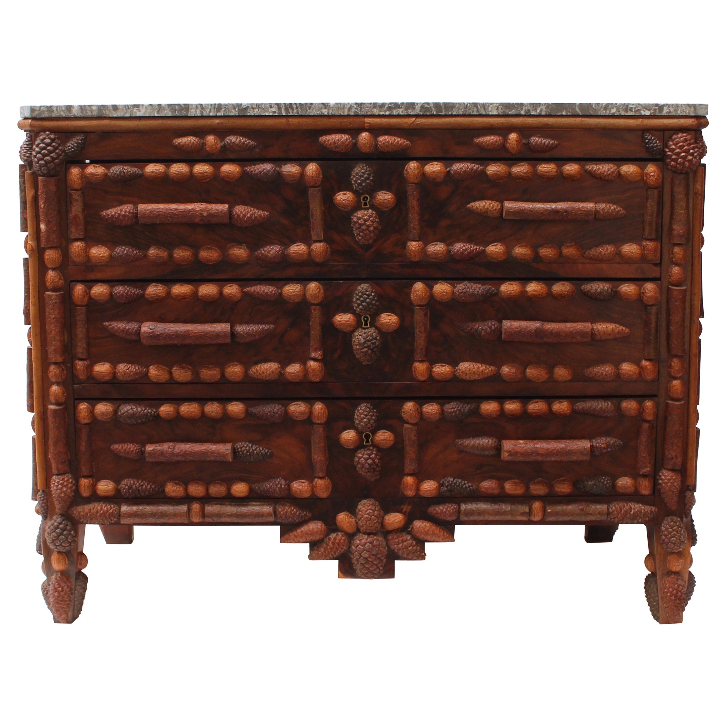Italian Walnut and Pinecone Decorated Chest of Drawers with Marble Top