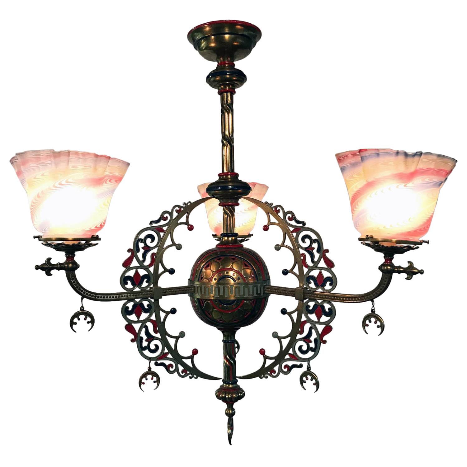 French "Orientalist" Three-Light Enameled Brass Gasolier with Art Glass Shades