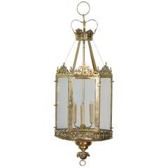 English Hexagonal Neoclassical Brass Hanging Lantern, Early 19th Century