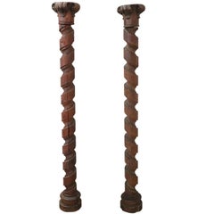 18th Century Italian Fir Wood Carved Pair of Columns