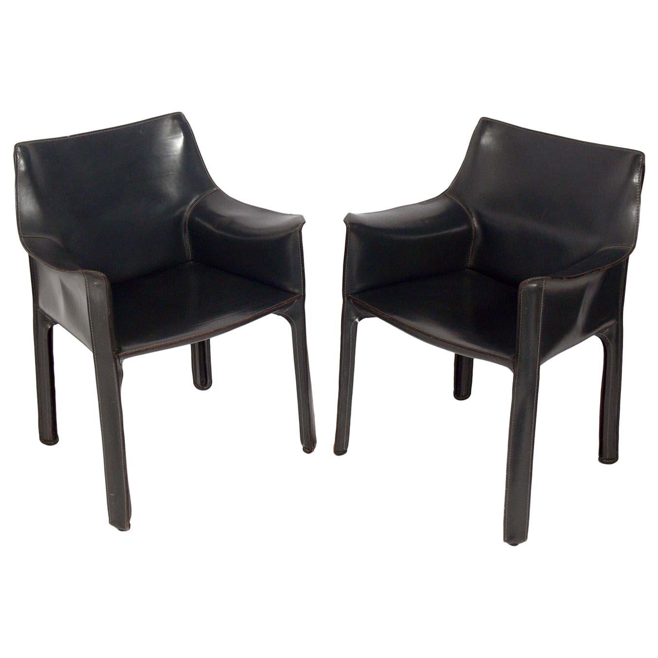 Pair of Charcoal Gray Leather Cab Chairs by Mario Bellini for Cassina