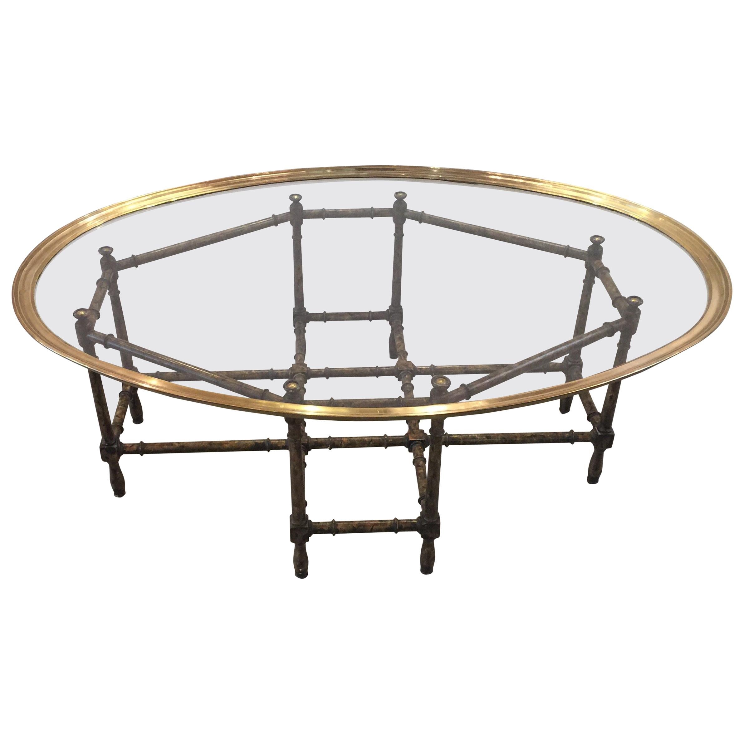 Baker Faux Bamboo/Tortoise Cocktail or Coffee Table with Brass and Glass Top