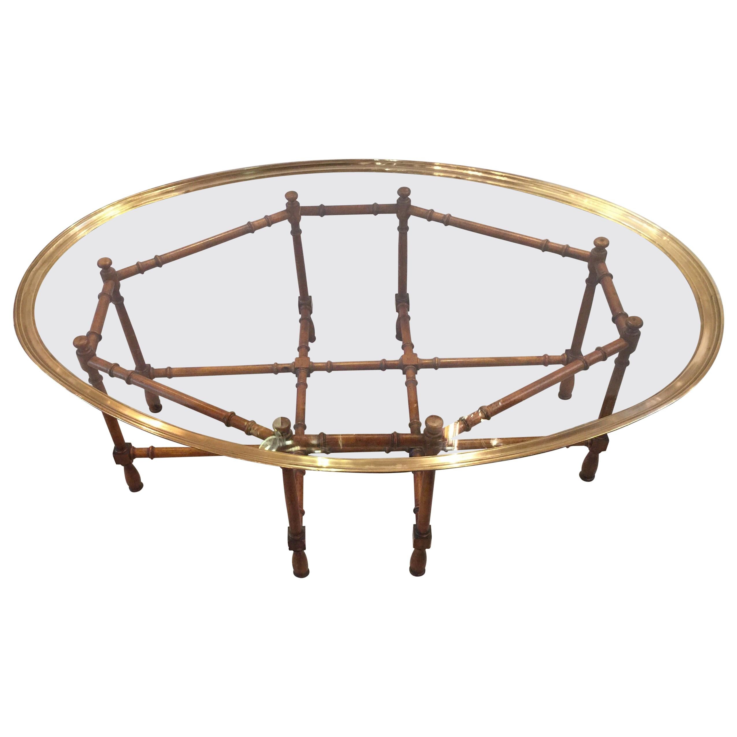 Baker Faux Bamboo Cocktail or Coffee Table with Brass and Glass Top