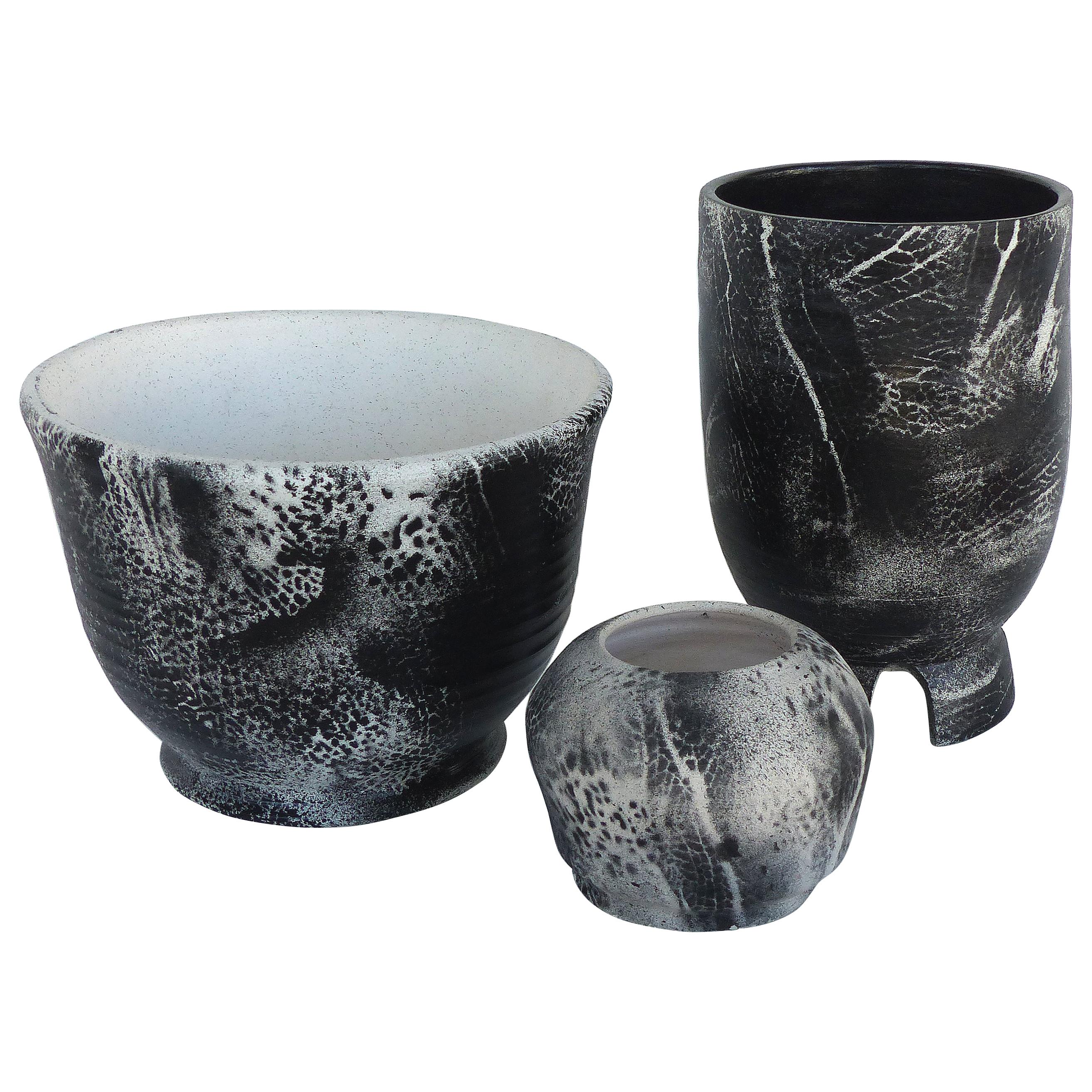 Three Hand Turned Ceramic Black & White Vessels by Ceramicist Gary Fonseca