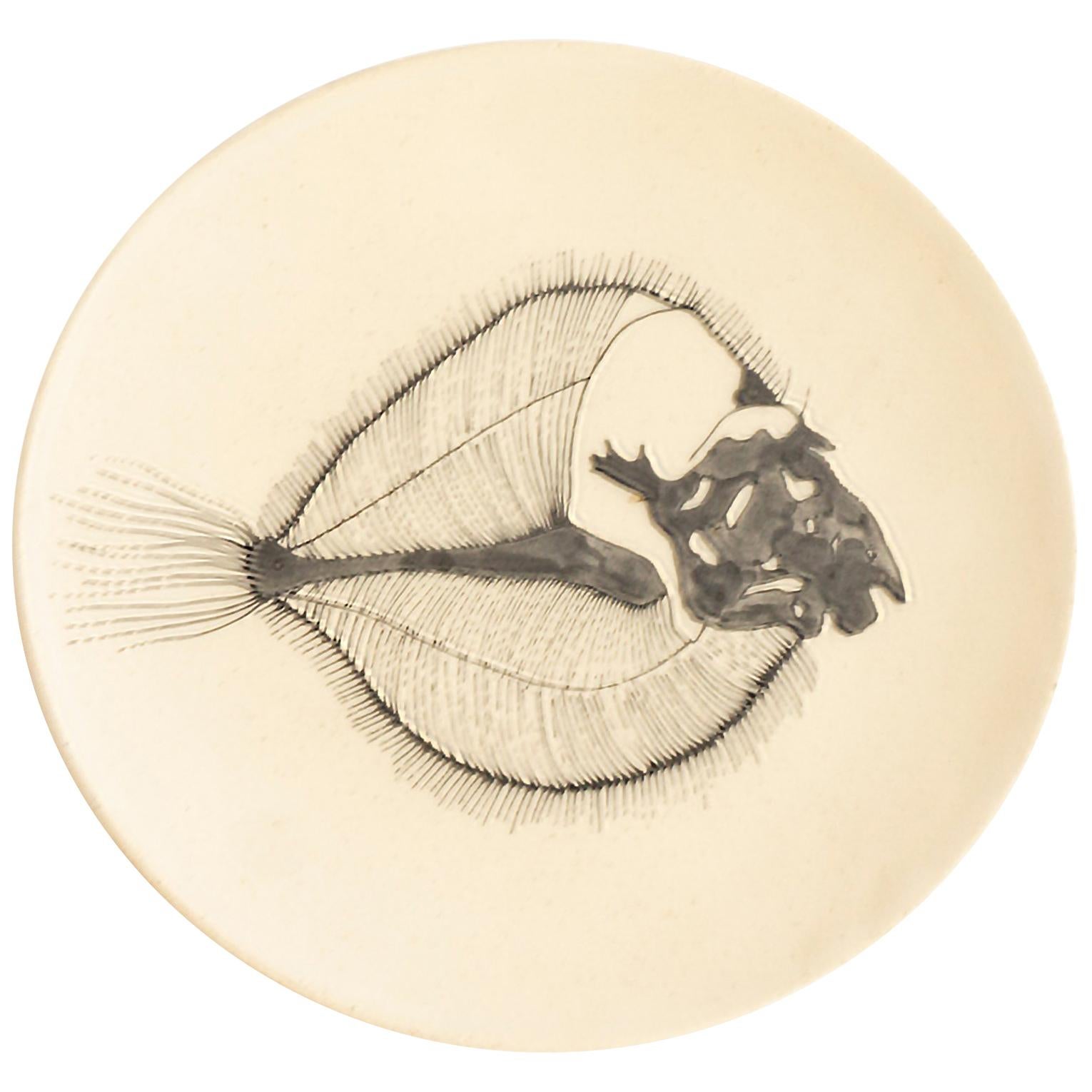 Small Handmade Ceramic Plates with Fish Fossil Illustration For Sale