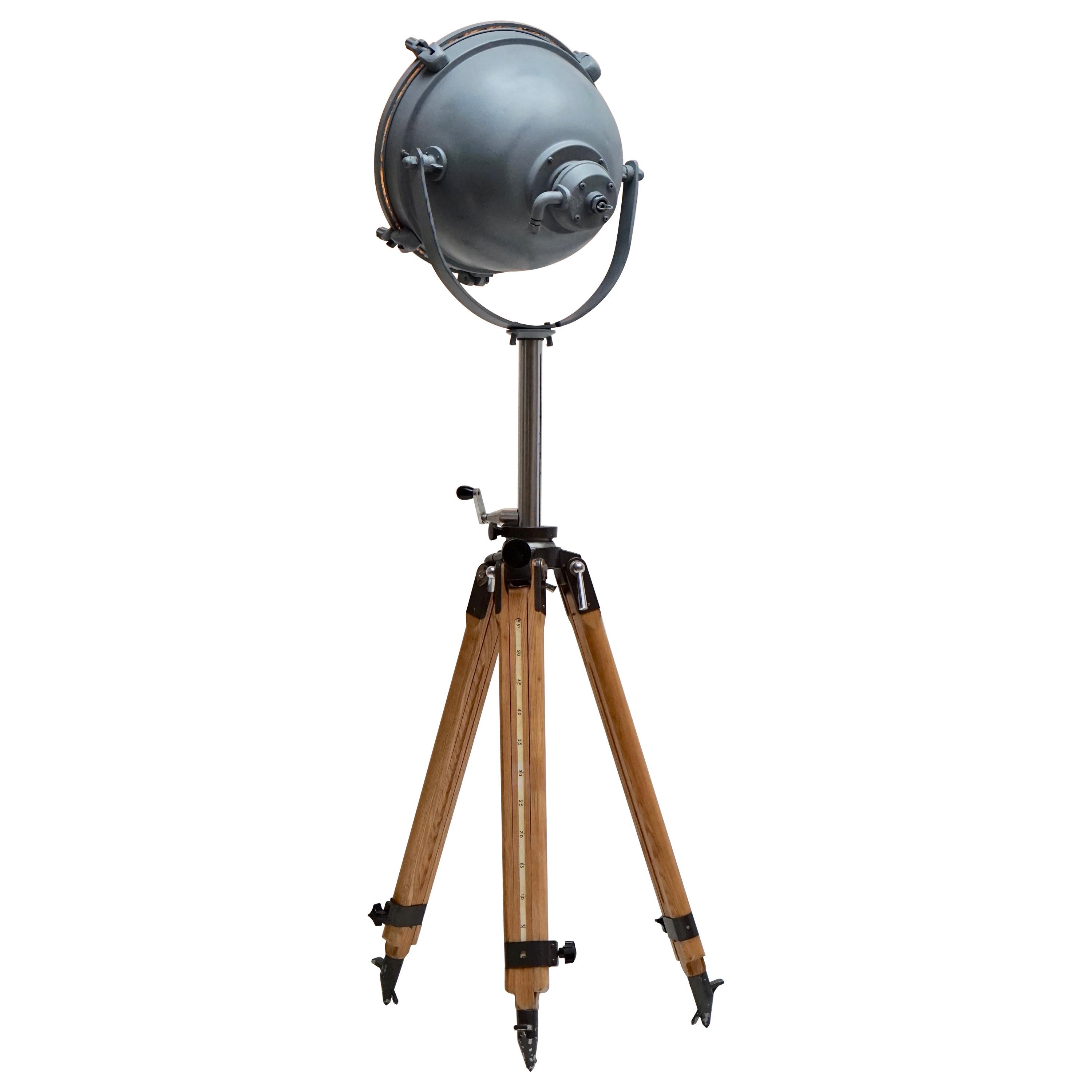 Floor Lamp Searchlight Spot Light, on Wooden Tripod, Francis, circa 1950 For Sale