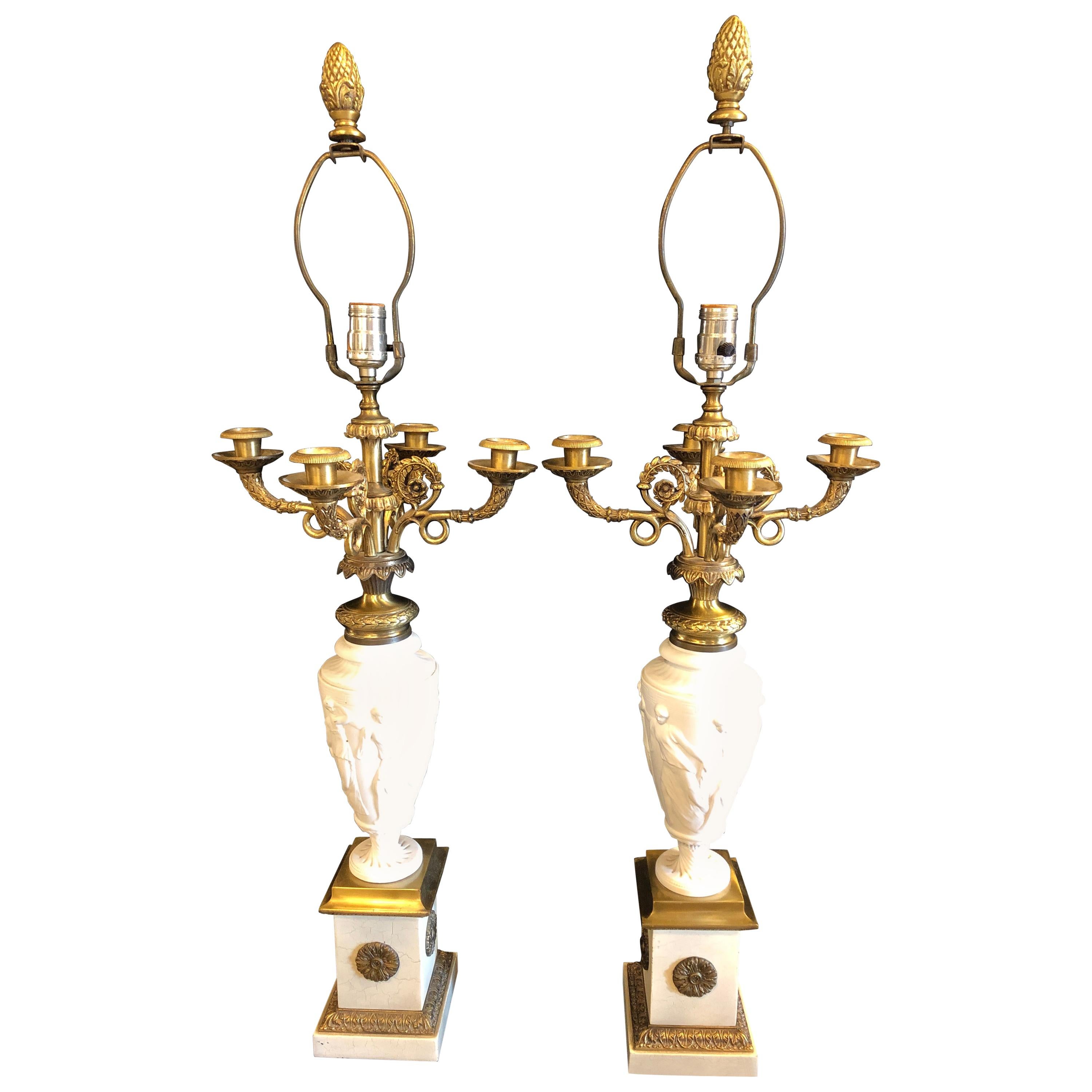 Pair of French Parian and Metal Grecian Neoclassical Figural Candelabra Lamps
