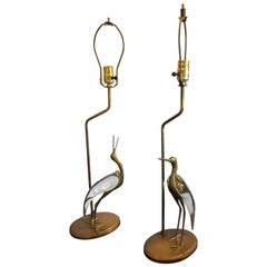 Vintage Pair of Art Deco Crane Bird Brass with Glass Body Table Lamps