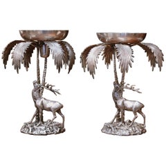 Pair of Early 20th Century Silvered Bronze Centerpieces with Deer Sculpture