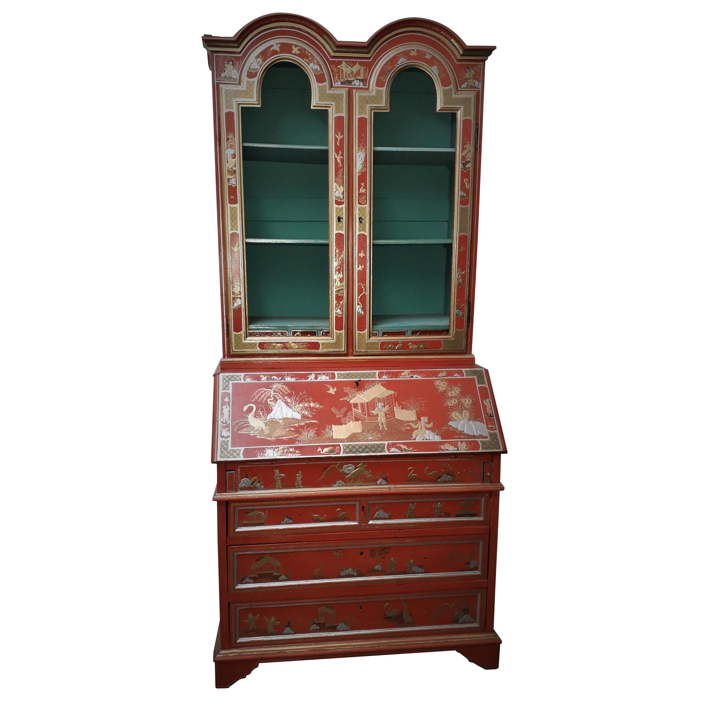 18th Century style Chinoiserie Red Lacquer Bureau Bookcase