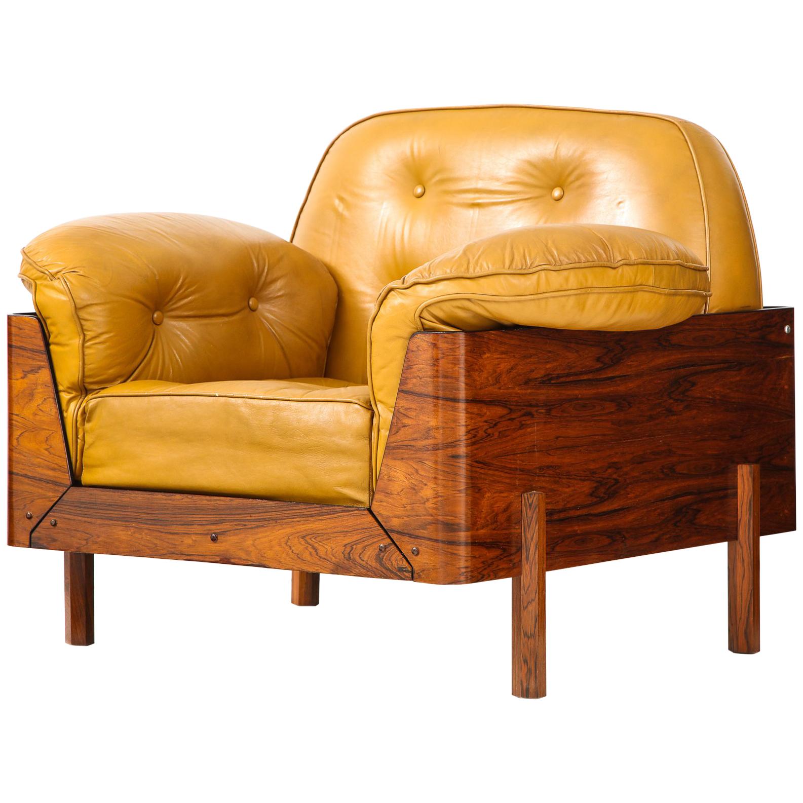  Lounge Chair in Jacaranda and Yellow Leather by J.D. Moveis e Decoracoes