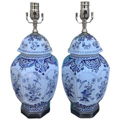 Antique Pair of 19th Century Dutch Delft Blue and White Lamps