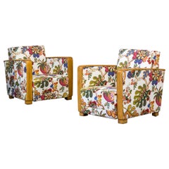Antique French Art Deco Lounge Chairs New Upholstery Josef Frank Fabric, 1930s