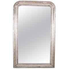 Antique French Louis Philippe White Gold Leaf Framed Mirror with Scrafitto Etching