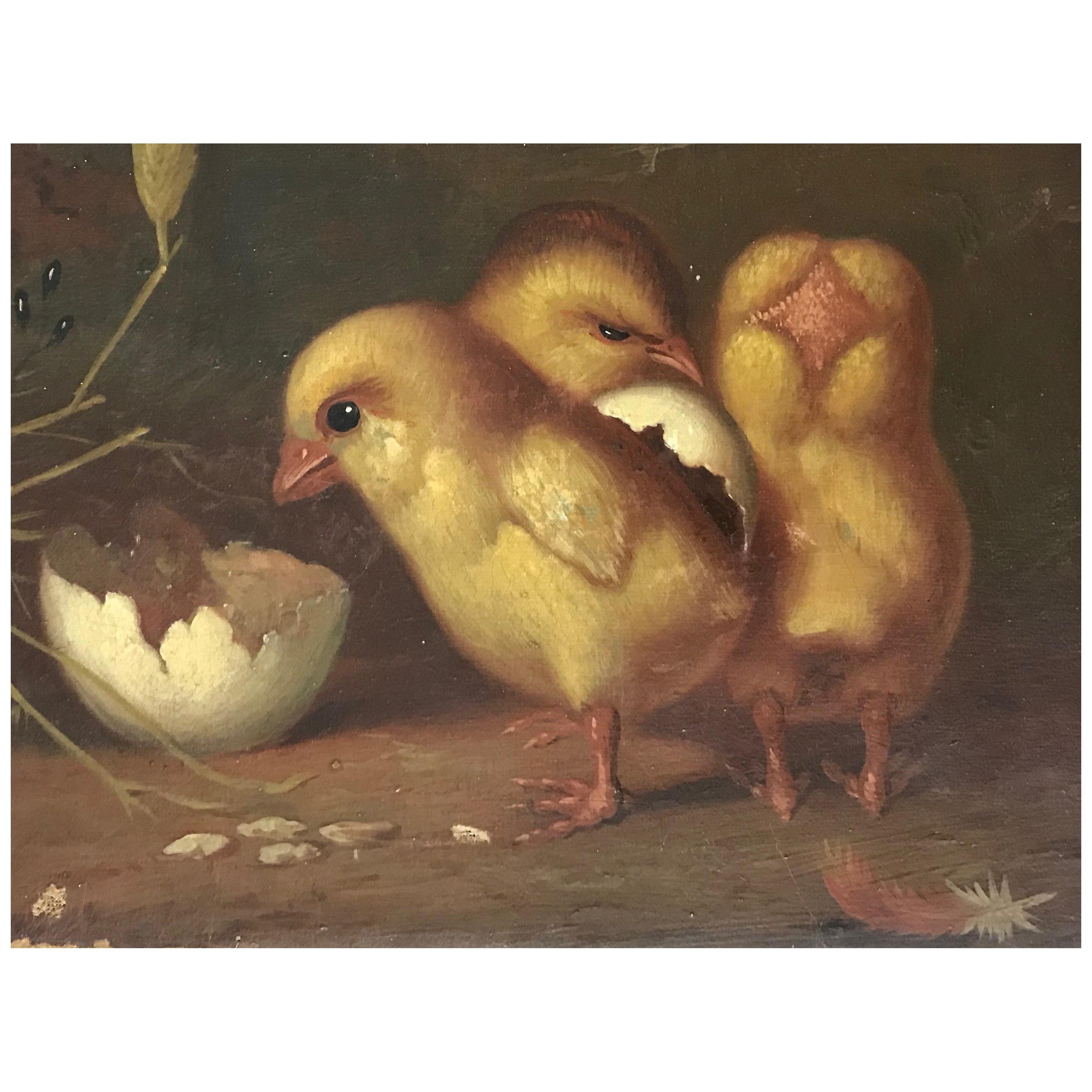 Small Turn of the Century “Fresh Chicks” Oil on Canvas