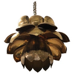 Large Mid-Century Modern Brass Lotus Flower Chandelier Pendant