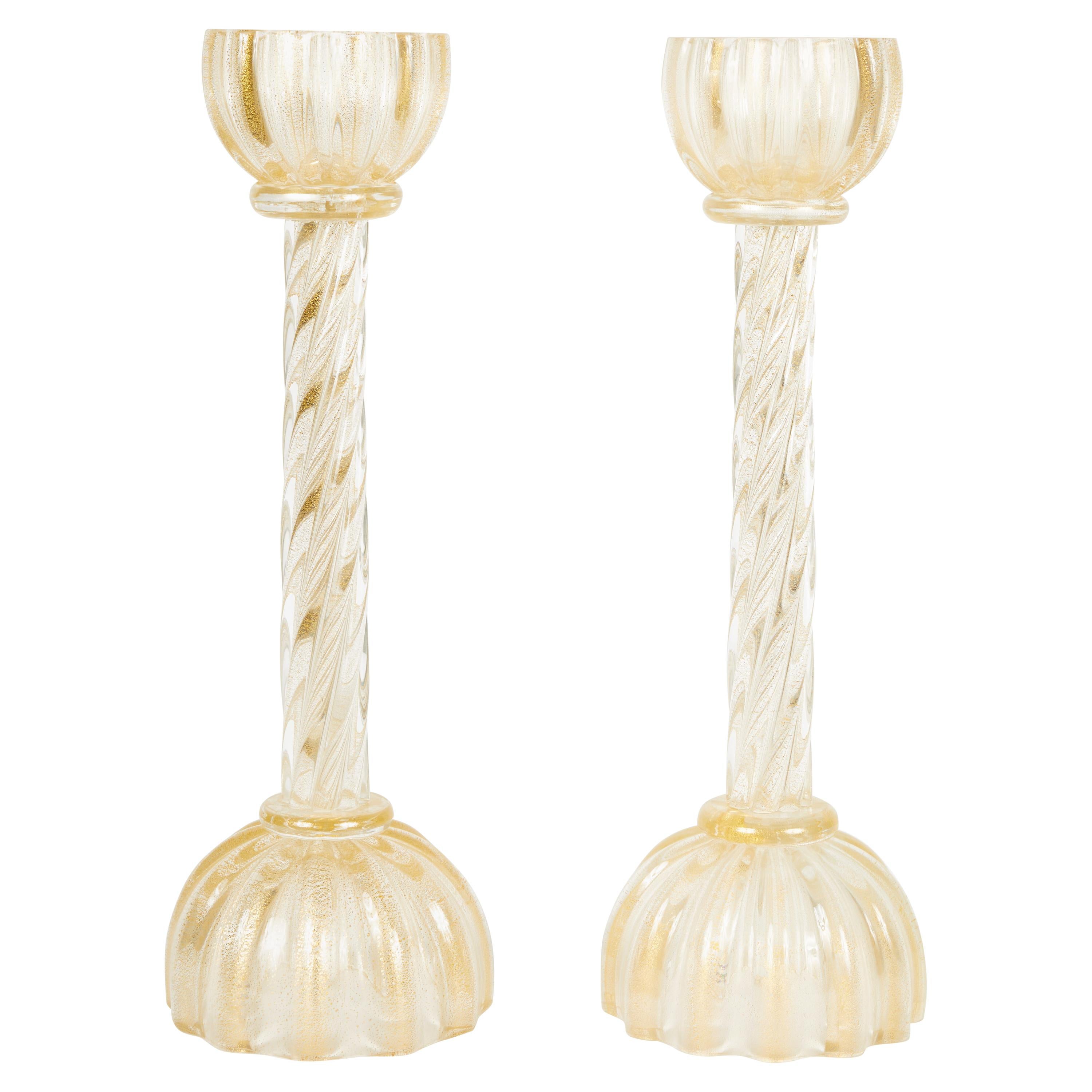 Pair of Gold Murano Tassel Candleholders