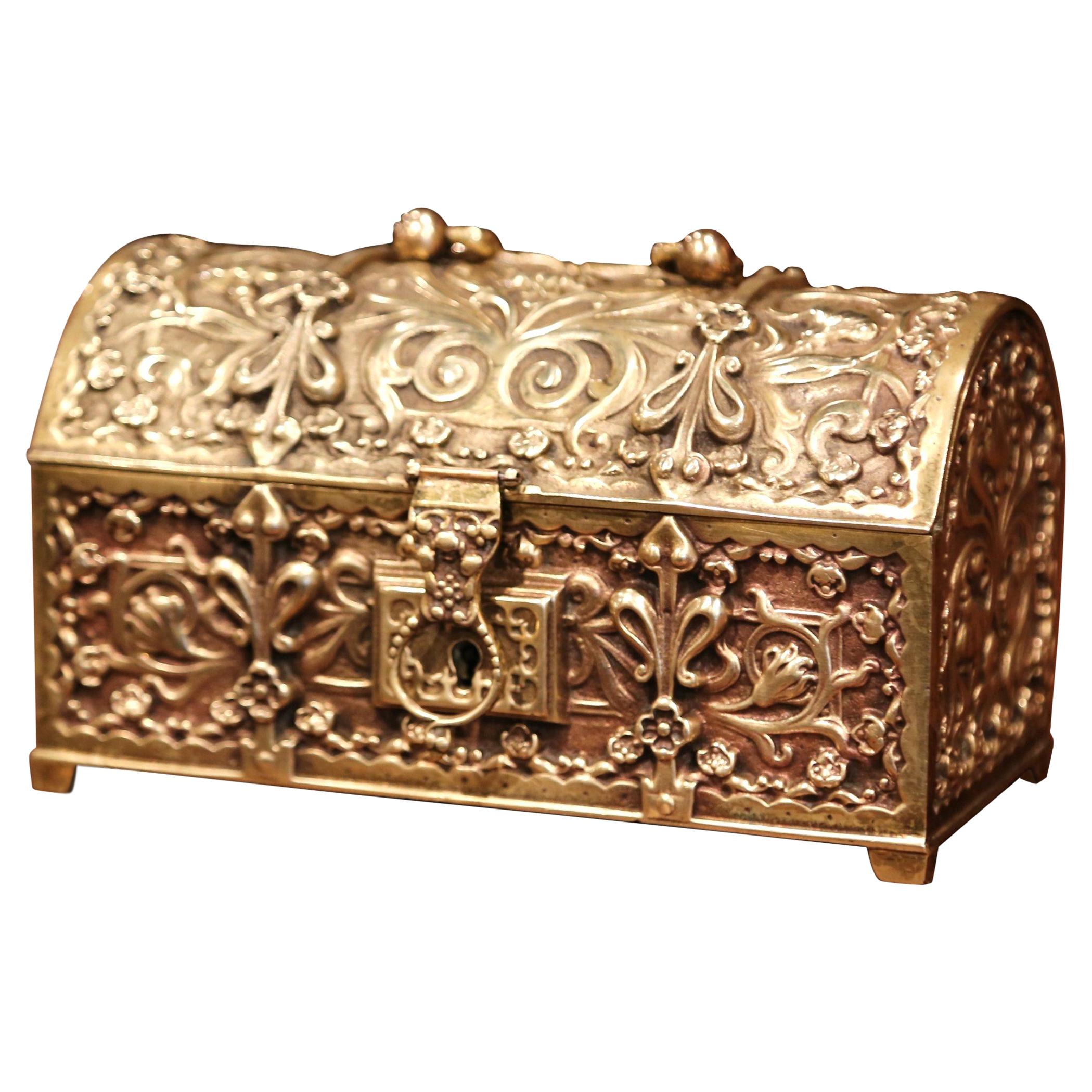 19th Century French Gothic Bombe Bronze Doré Jewelry Box with Floral Motifs