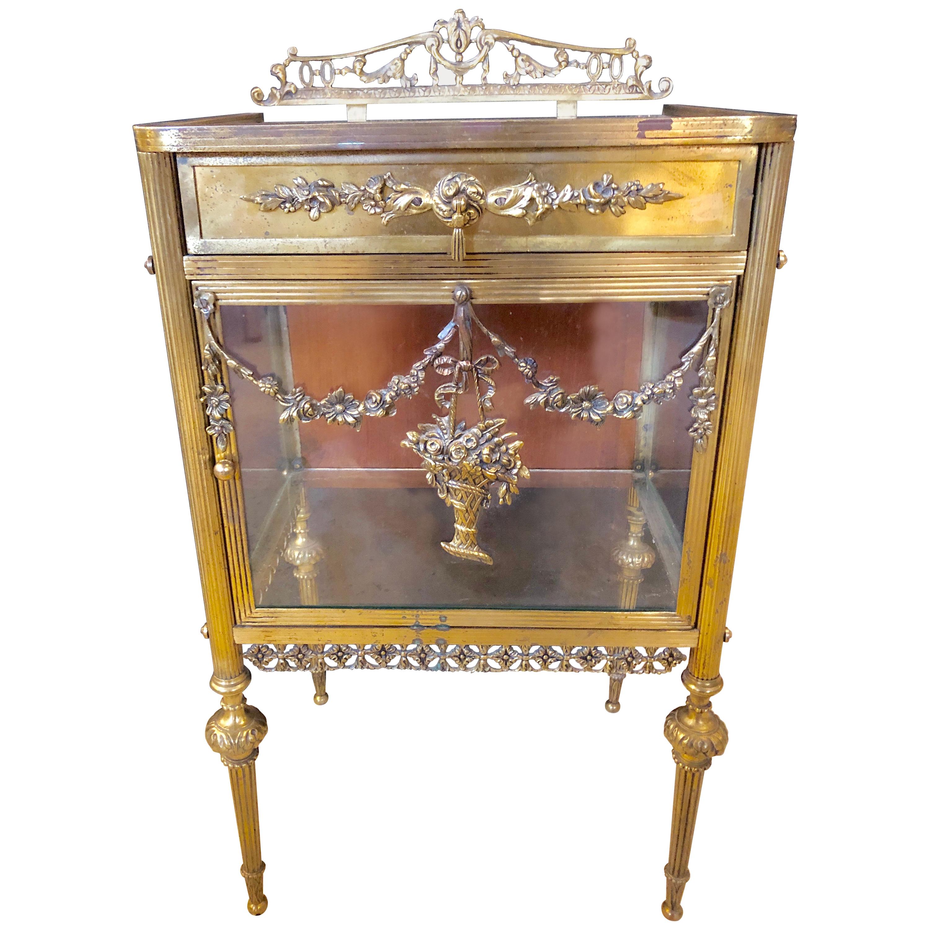 Antique Louis XVI Style Bronze / Glass Vitrine Cabinet or Nightstand