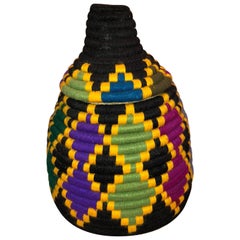 Modern Moroccan Handmade Lidded Coil Basket, Multi-Color Wool and Fragrant Palm