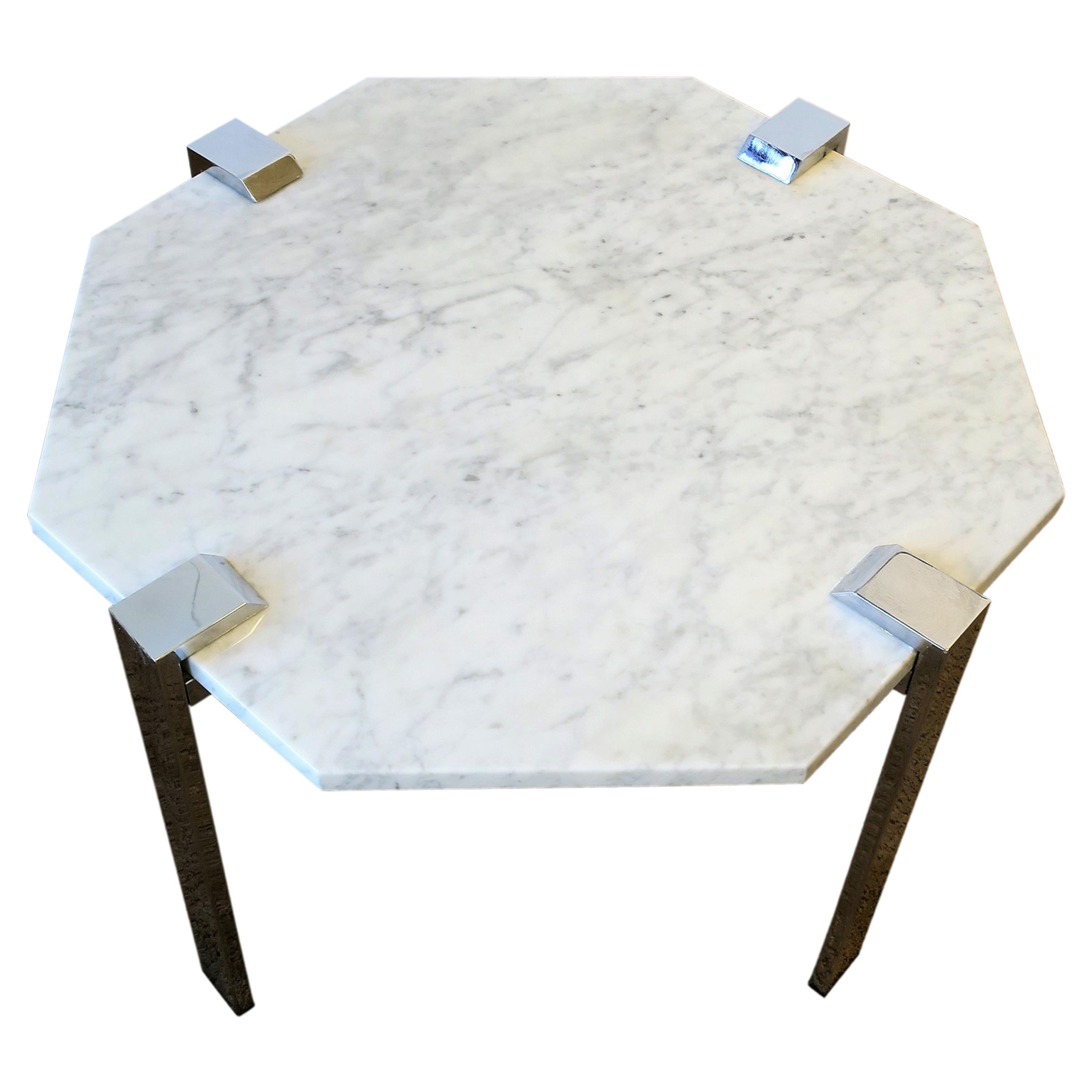 Italian Modern Octagonal Carrara White Marble and Chrome Table, 1970s  For Sale