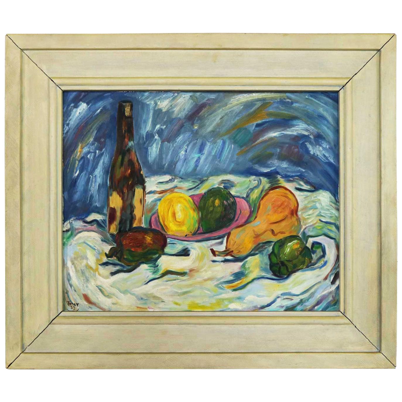 Midcentury Still Life with Fruit and Wine Bottle by Lee Tonar, 1959 For Sale